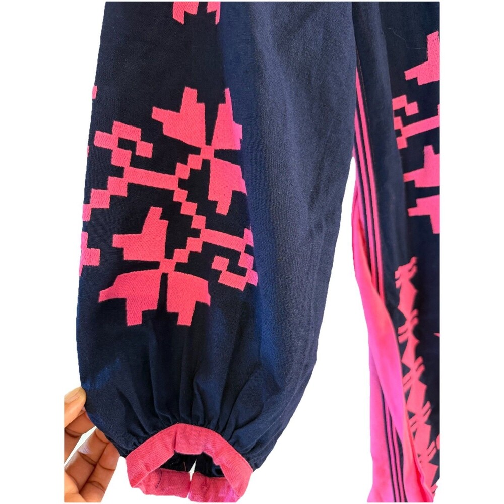 Frances Valentine XS Navy Pink Embroidered Linen Cotton Midi Dress Belted - Picture 4 of 11